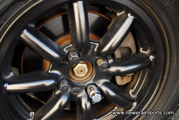 15'' RS Watanabe wheels are classic JDM 1990's style (Note wheel lock & key.